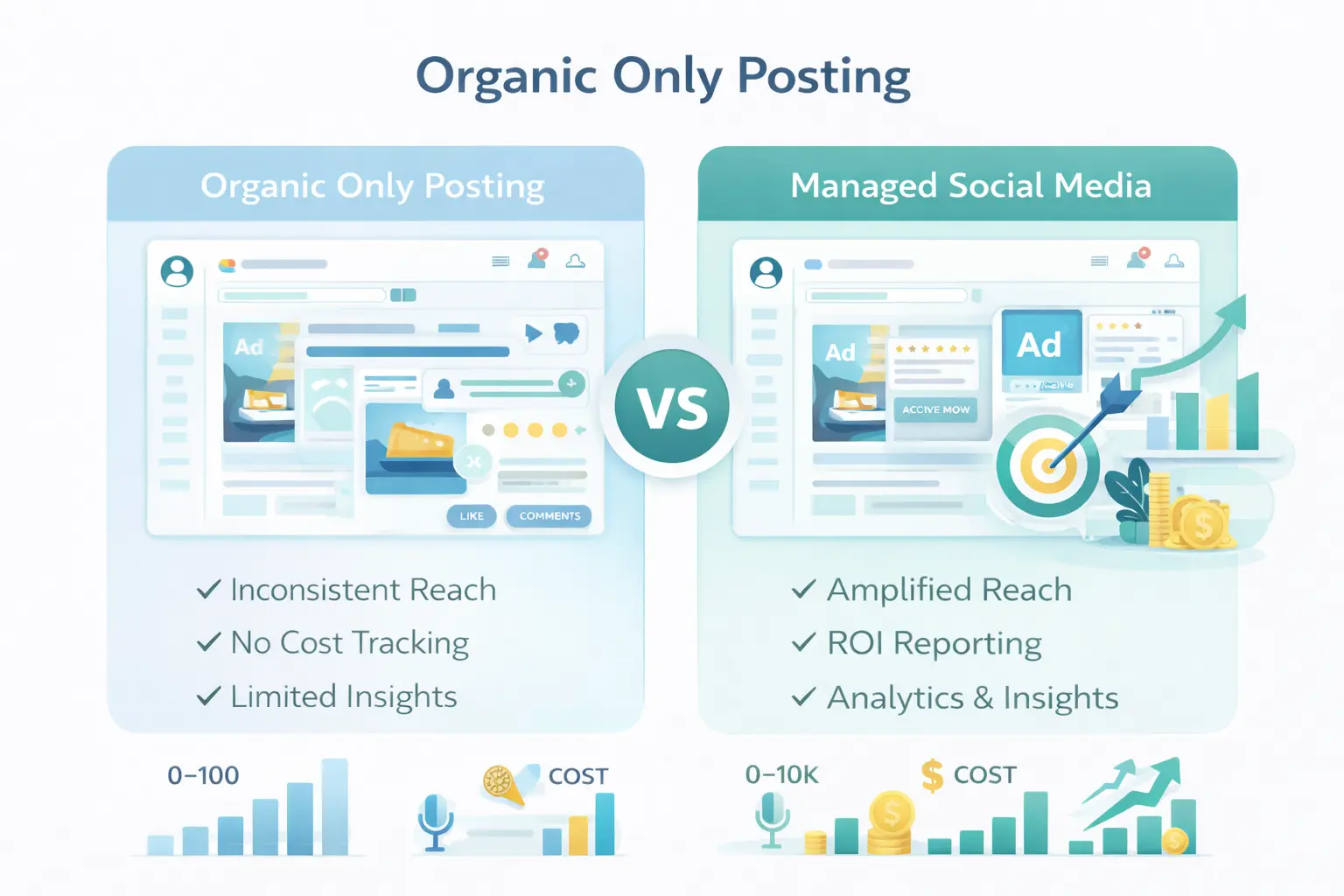 Social media marketing agency Kissimmee comparison of organic posting vs managed campaigns