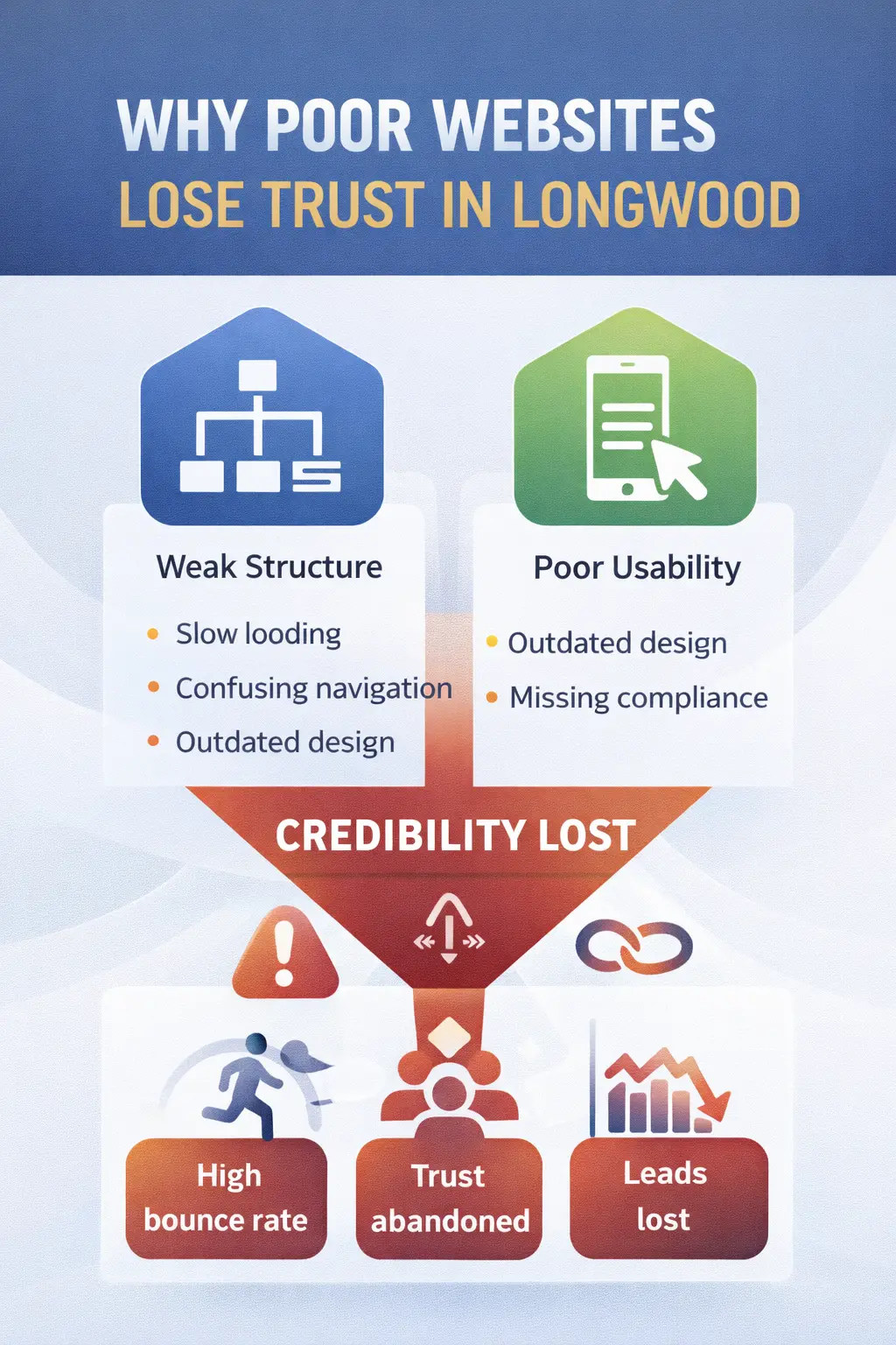 Web development Longwood infographic explaining how poor structure and usability reduce business credibility.