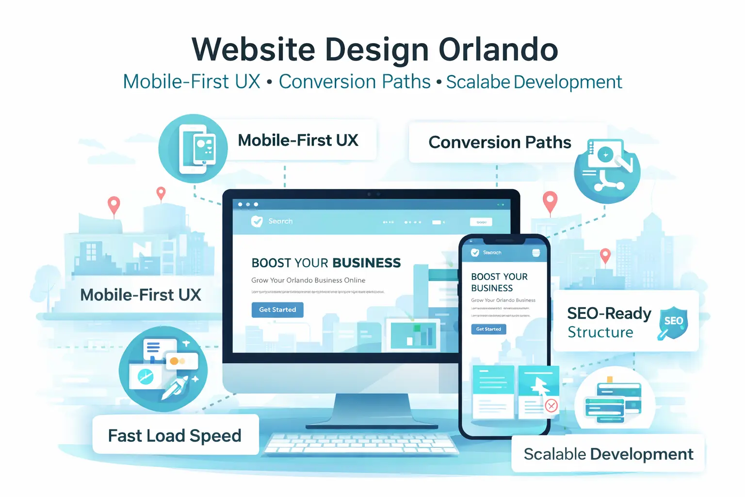 Website design Orlando infographic showing mobile-first UX, SEO-ready structure, and conversion-focused web development for Orlando businesses
