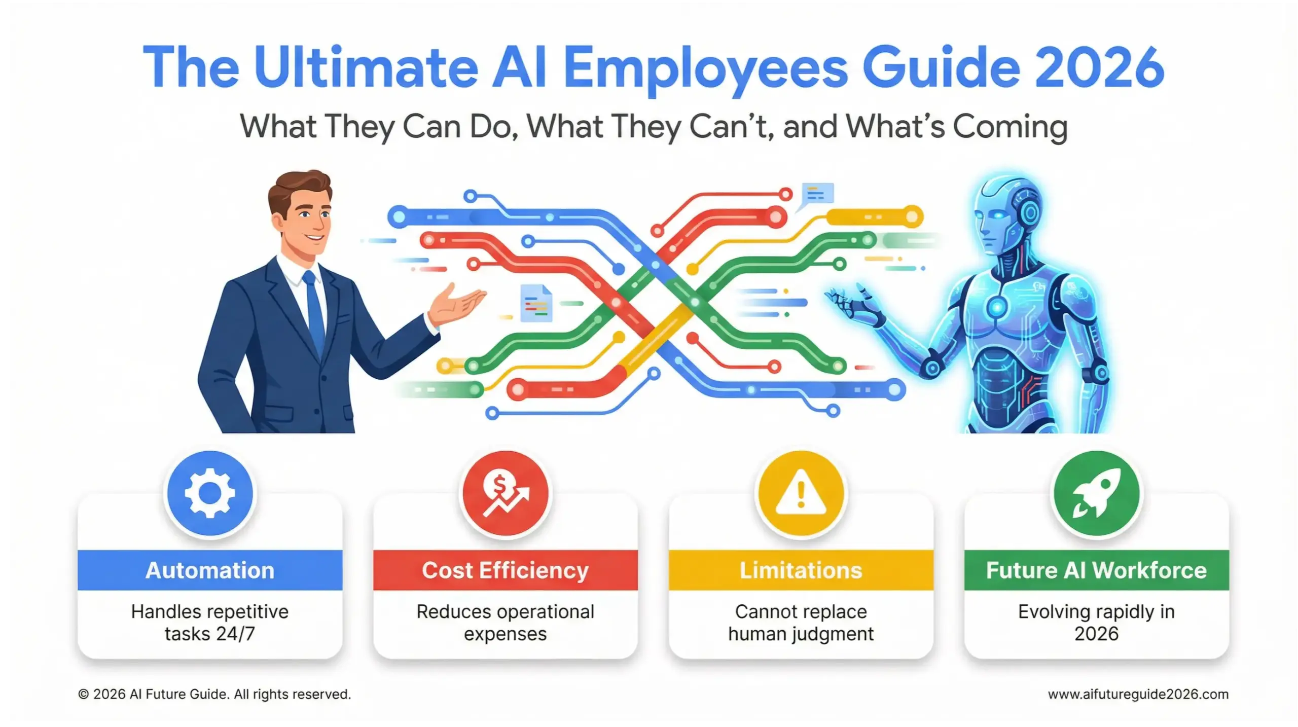 AI employees guide infographic explaining what AI employees can do, limitations, costs and future trends in 2026