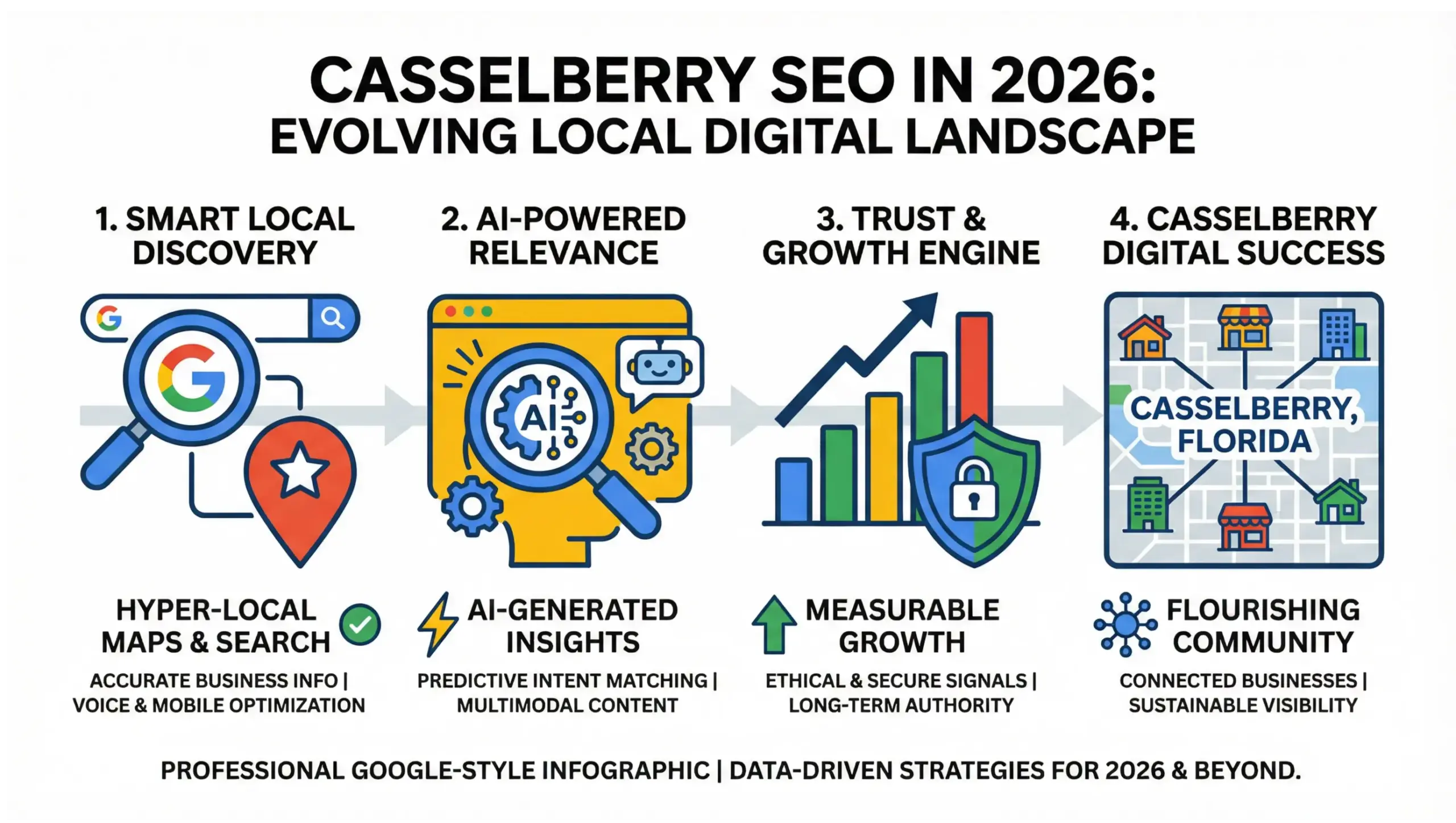 Casselberry SEO infographic showing how local businesses rank on Google Search, Maps, and AI results in 2026