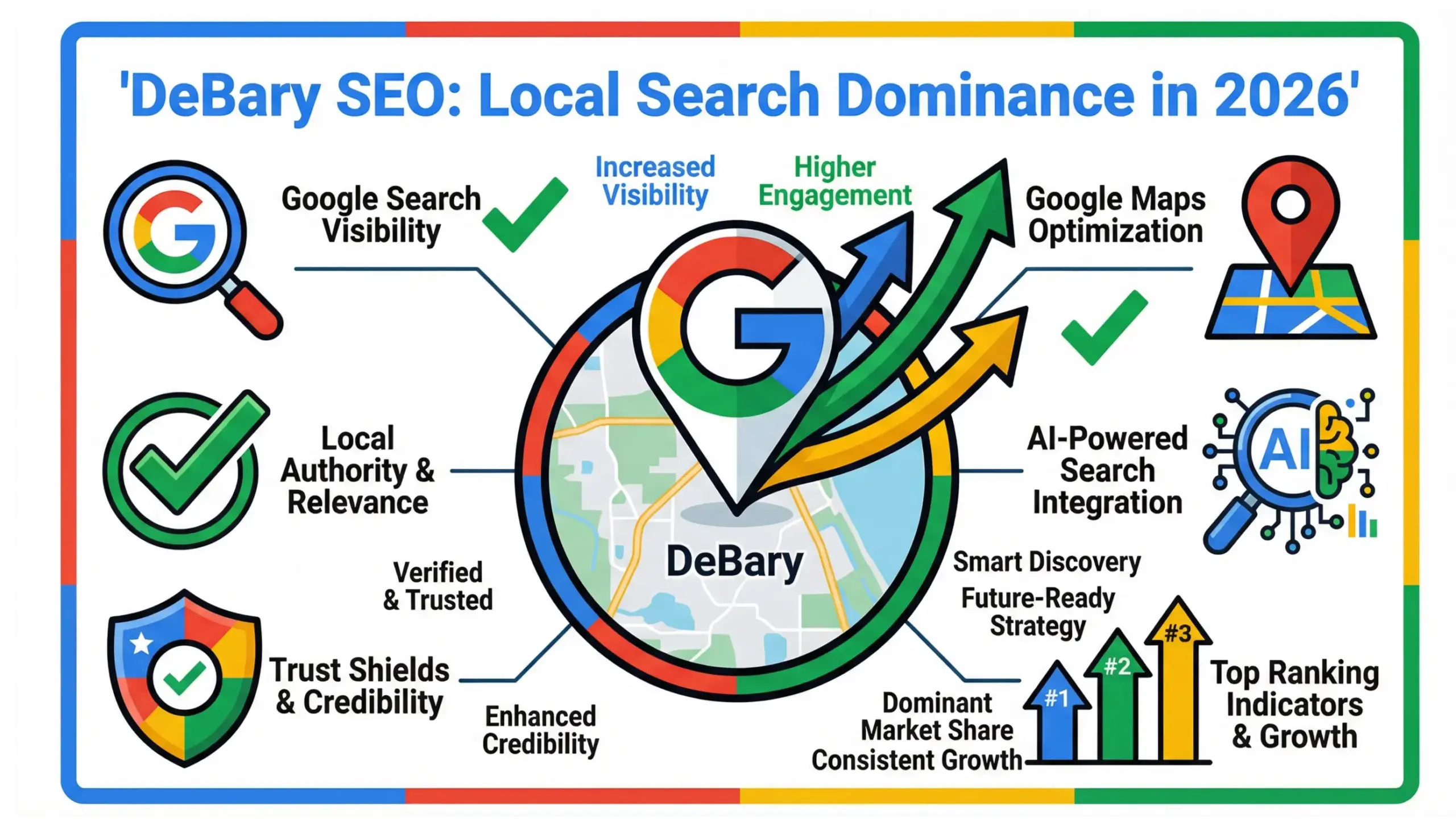 DeBary SEO infographic showing how local businesses rank on Google Search and Maps in 2026