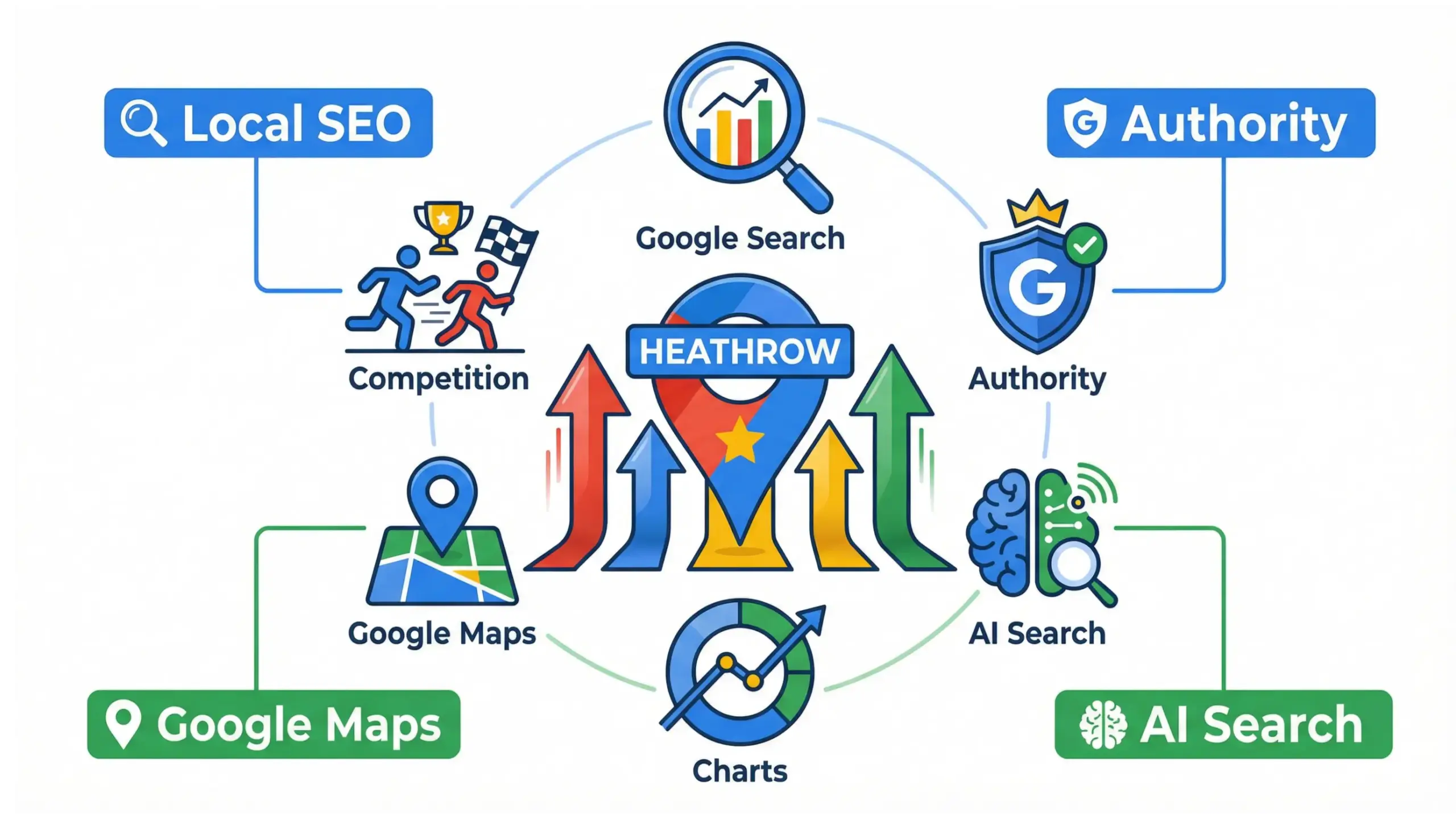 Heathrow SEO infographic showing how businesses rank in a hyper-competitive local search market using Google Maps, authority, and AI-driven SEO strategies