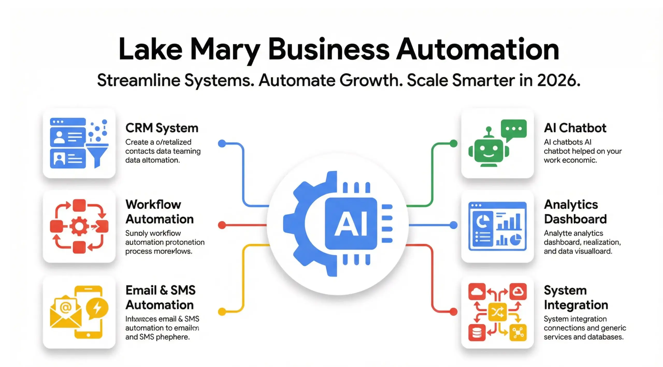 Lake Mary business automation infographic showing CRM, workflow systems, AI automation and system integrations in Google-style colors