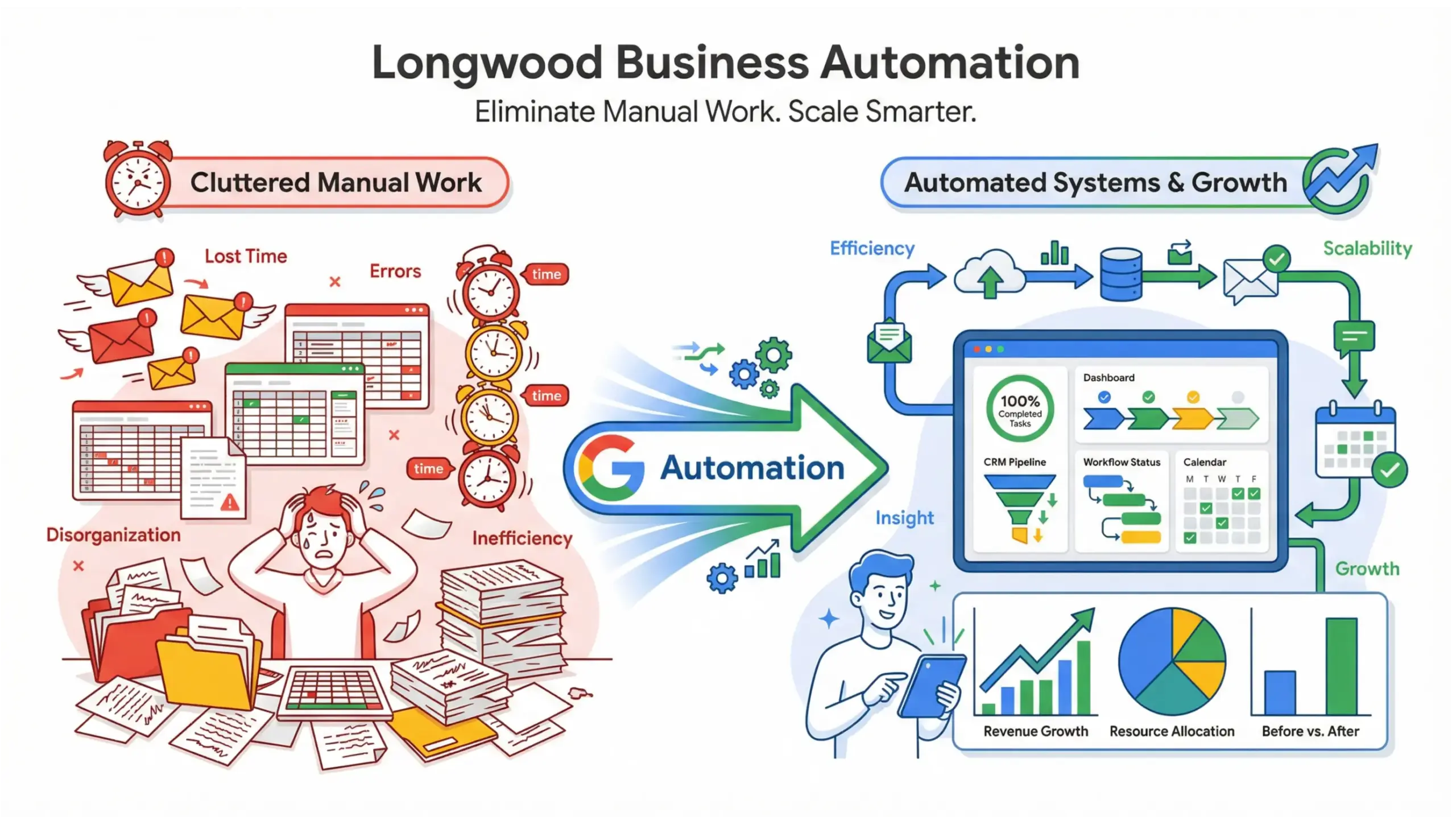 Longwood business automation infographic showing automated workflows replacing manual business processes