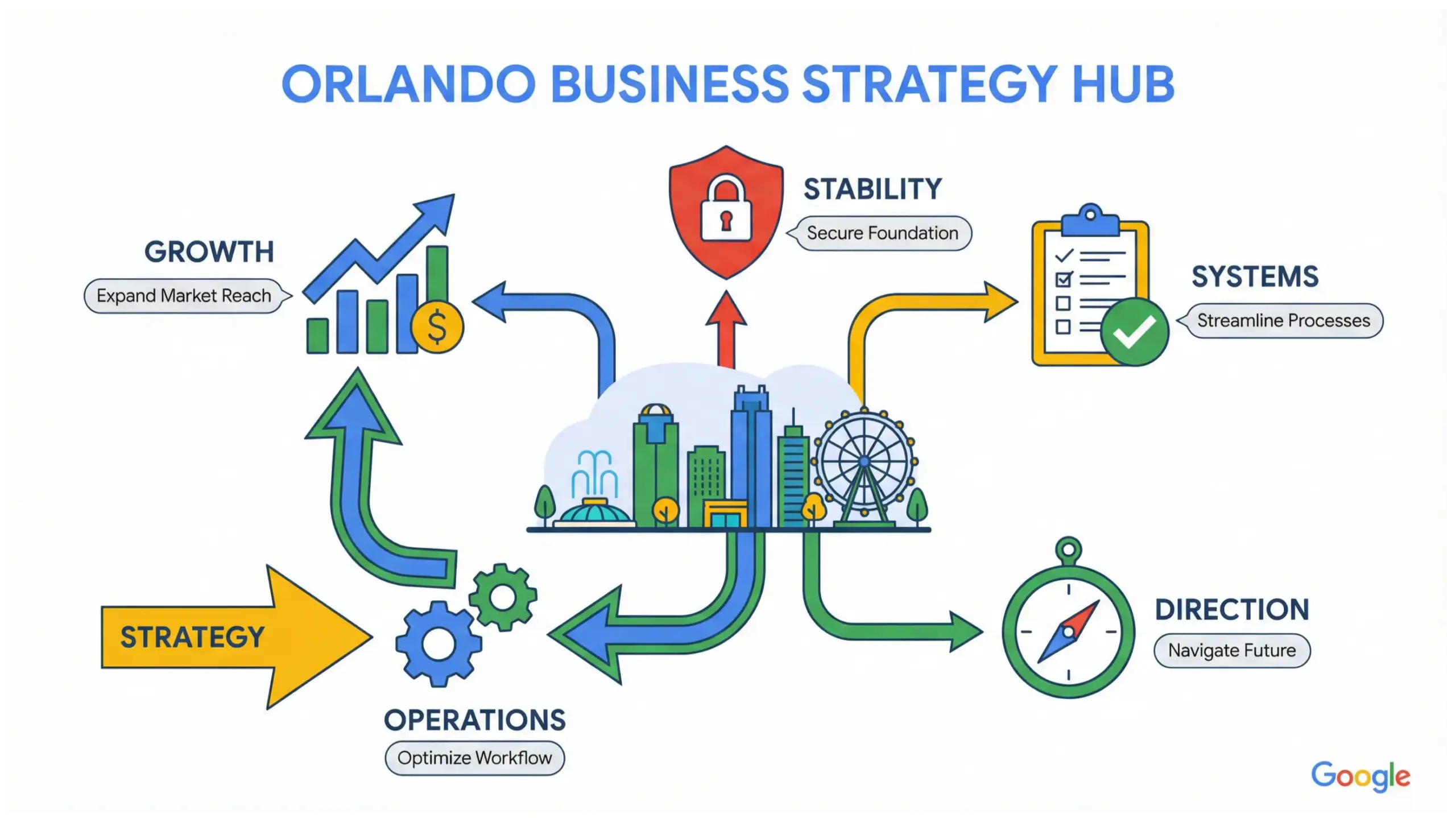 Orlando business consulting infographic showing strategy, systems, and scalable growth for Orlando companies