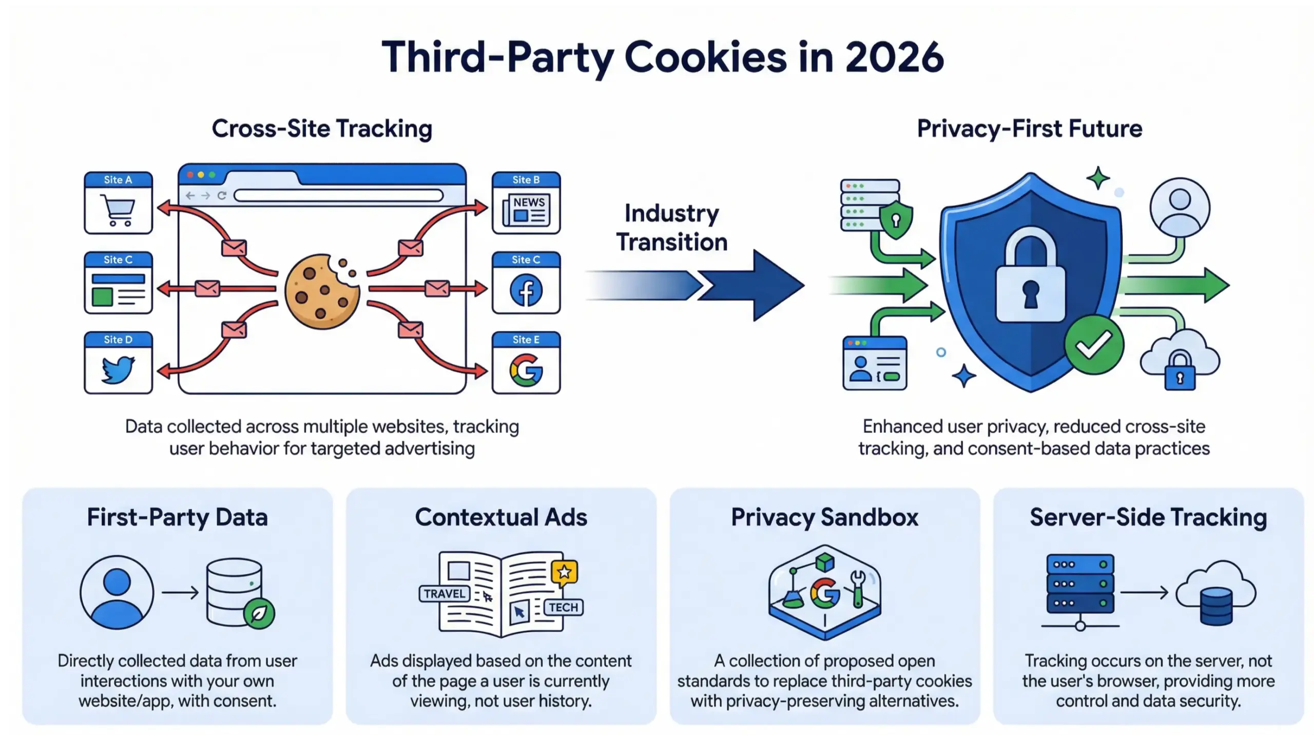 Infographic explaining third-party cookies in 2026 and the shift to privacy-first digital advertising