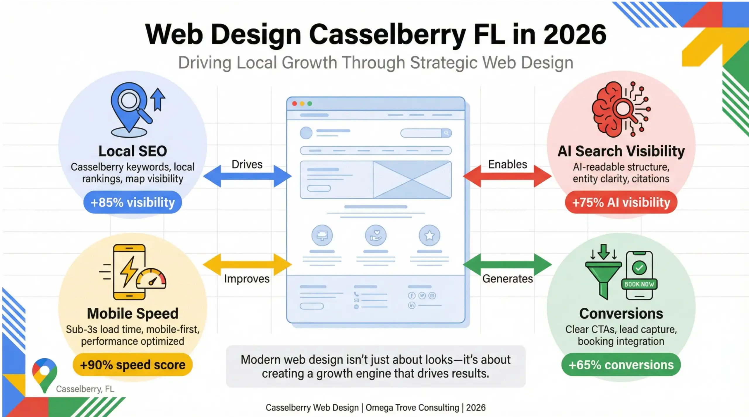 Web design Casselberry FL infographic showing how modern websites drive local SEO, AI search visibility, mobile performance, and customer conversions in 2026