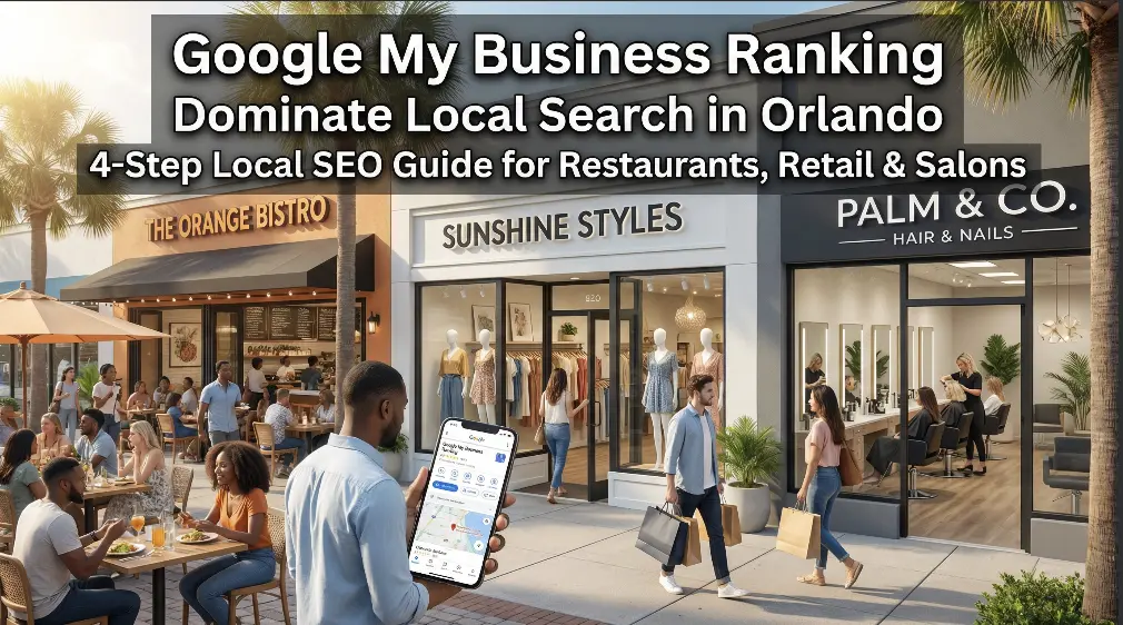 Lifestyle illustration of Orlando restaurant, retail store, and salon ranking higher on Google My Business with map pin, 5-star reviews, and local SEO graphics.