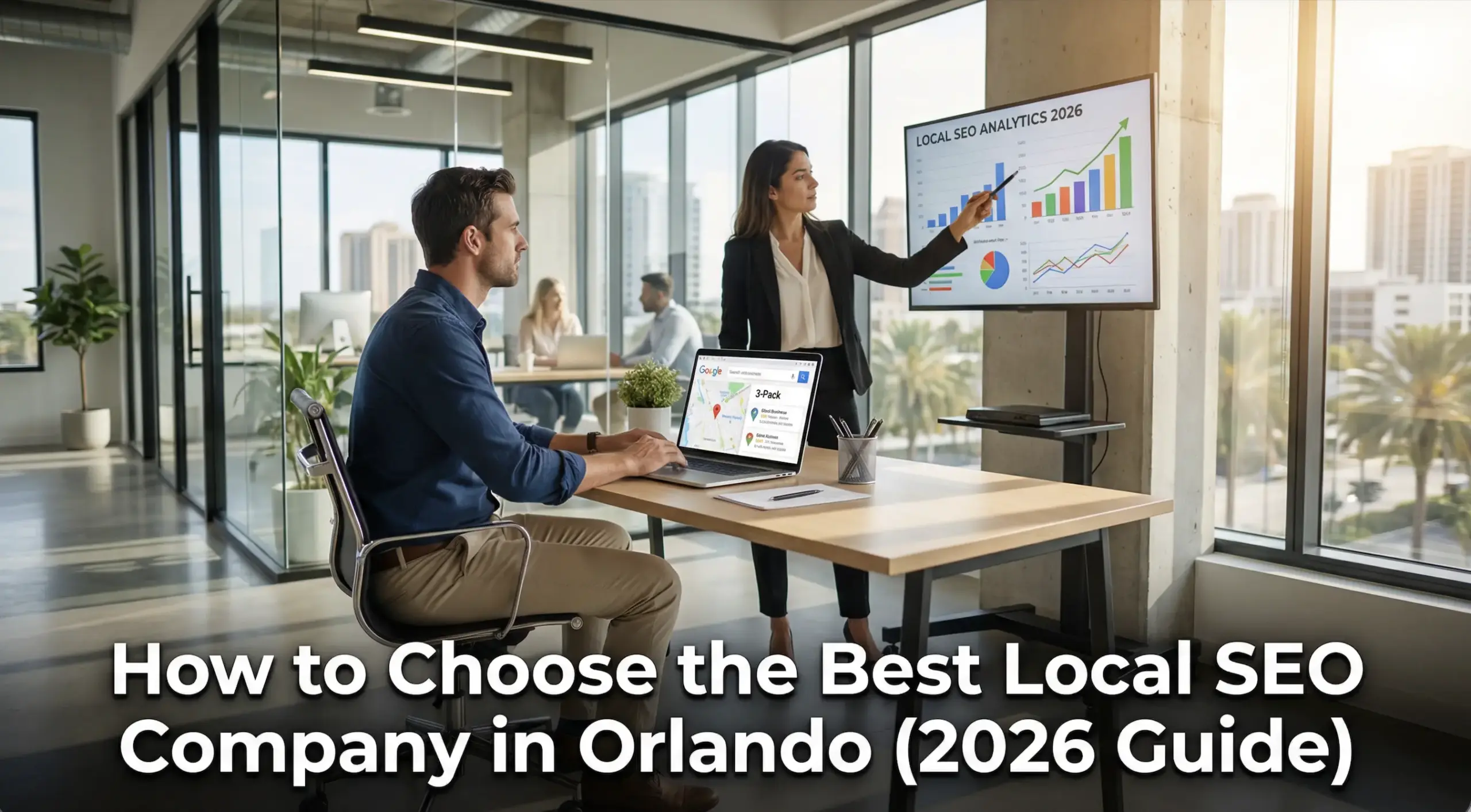 Professional Orlando business owner reviewing Google Maps local SEO results with consultant in modern office, featuring “How to Choose the Best Local SEO Company in Orlando (2026 Guide)” text overlay.