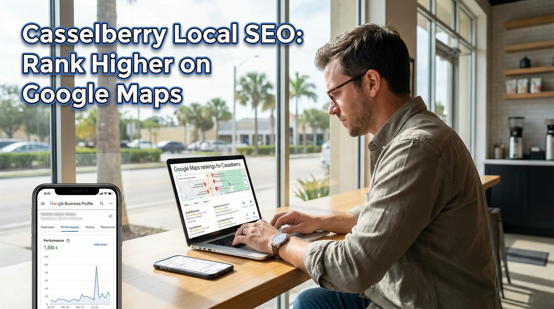 Male business owner analyzing Google Maps rankings for his Casselberry local business using local SEO strategies.