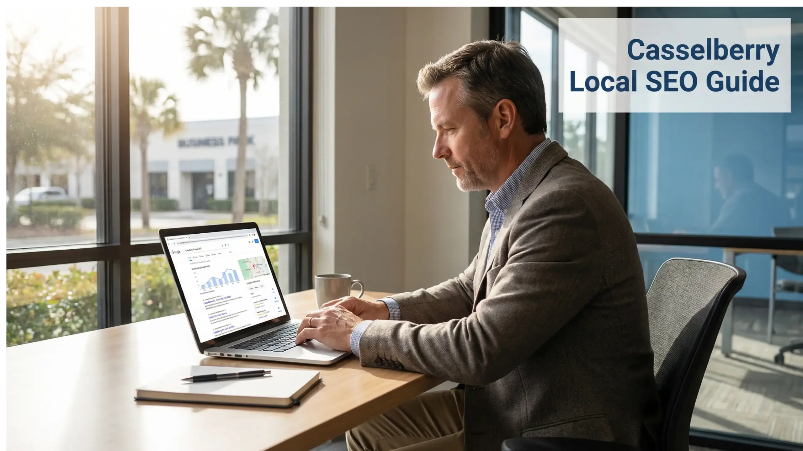 Businessman analyzing Casselberry Local SEO strategy on laptop in a modern office