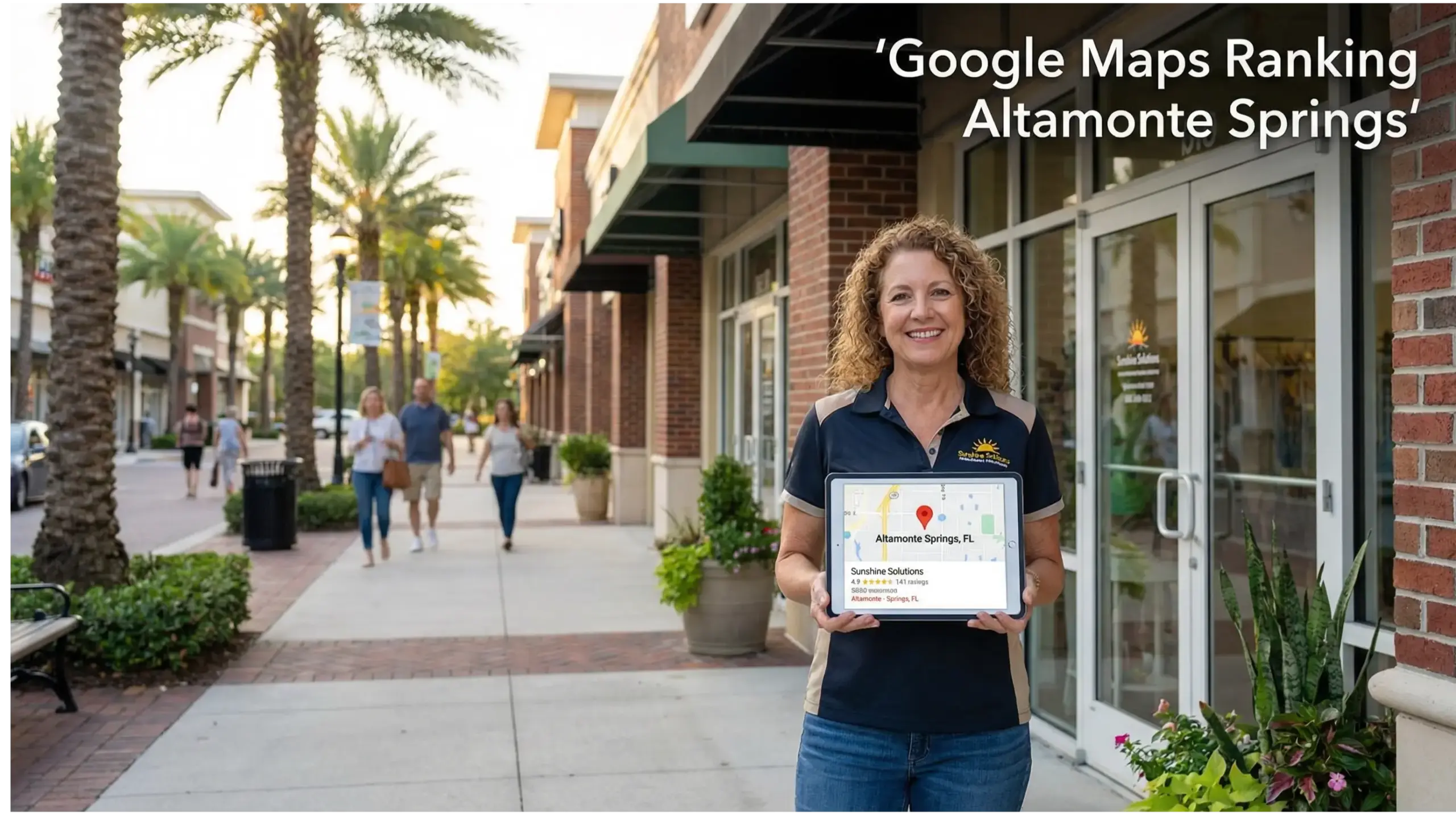 Small business owner in Altamonte Springs checking Google Maps ranking on a tablet outside storefront