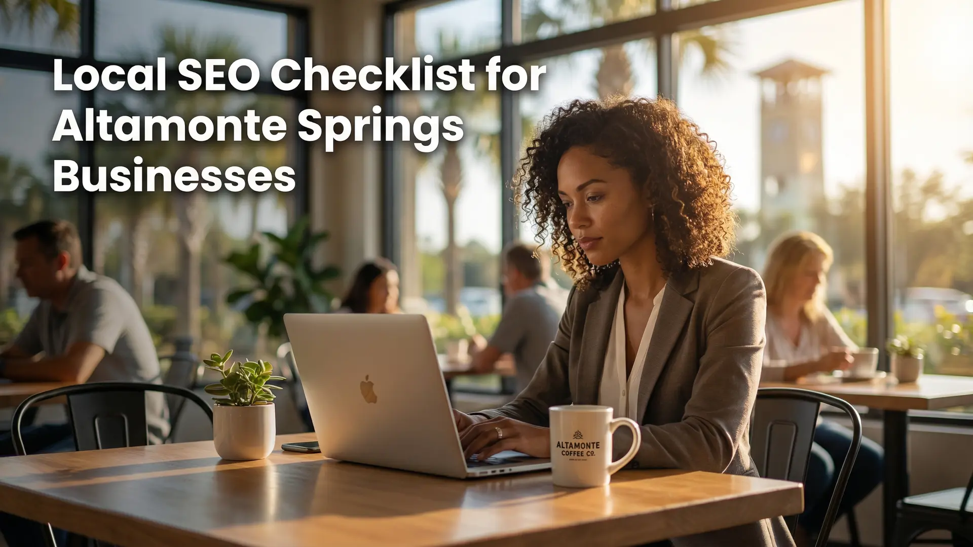 Small business owner working on laptop in Altamonte Springs café with text “Local SEO Checklist for Altamonte Springs Businesses
