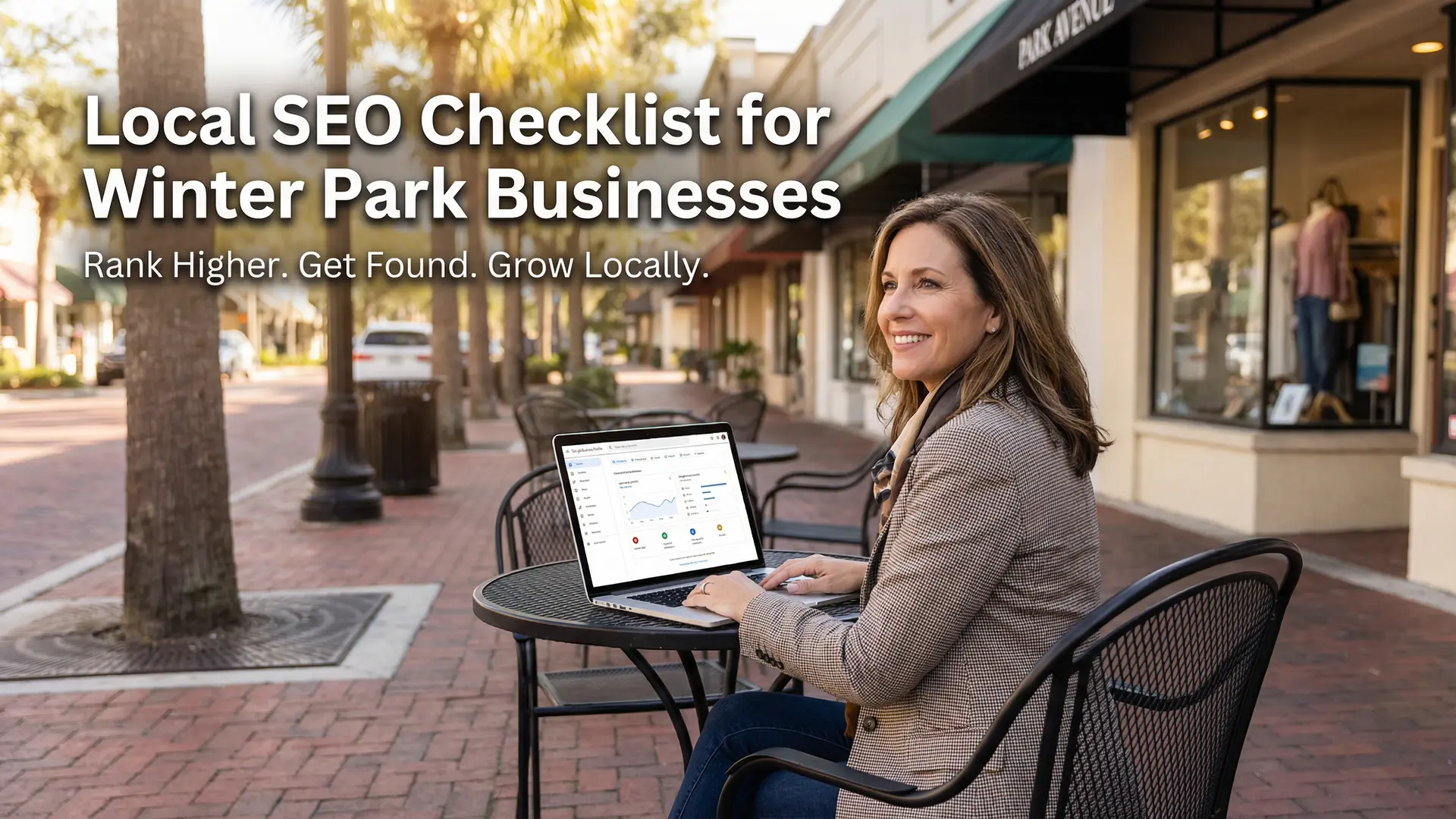 Winter Park Florida business owner using laptop to optimize Google Business Profile for local SEO