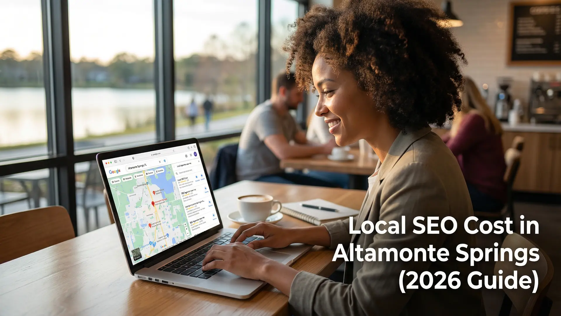 Small business owner reviewing Local SEO cost strategy on laptop in Altamonte Springs coffee shop with Google Maps visible.