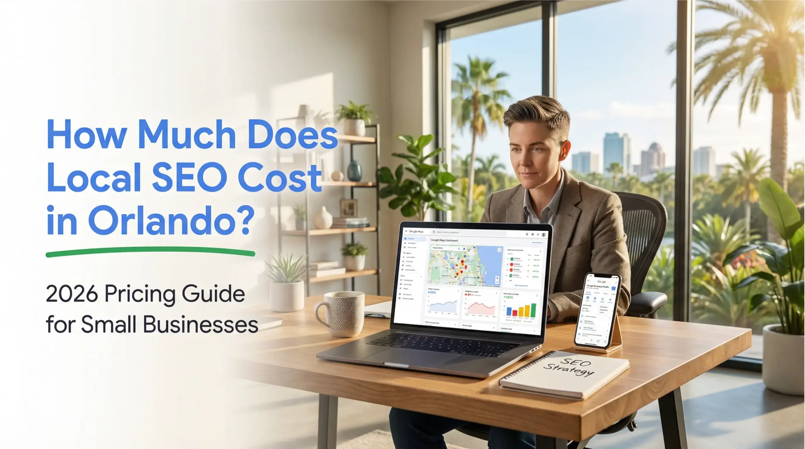 Orlando small business owner reviewing Google Maps local SEO rankings and pricing strategy in modern Florida office.