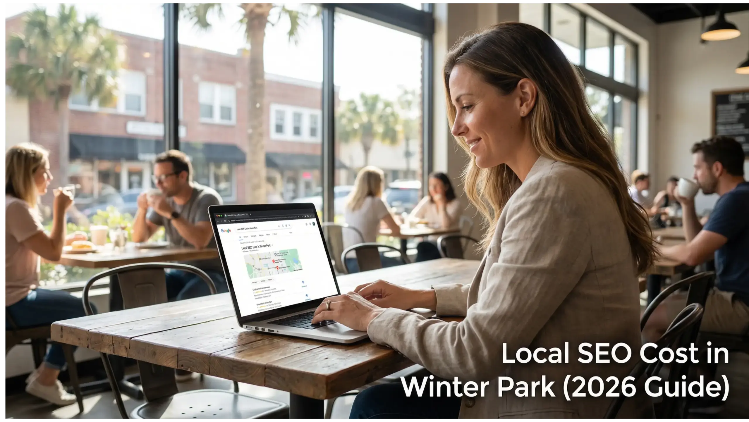 Small business owner in Winter Park café reviewing Google local search results on laptop for local SEO cost guide