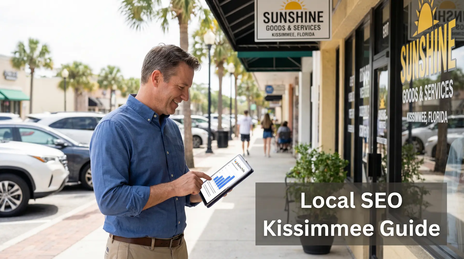 man analyzing local SEO results outside his Kissimmee business storefront