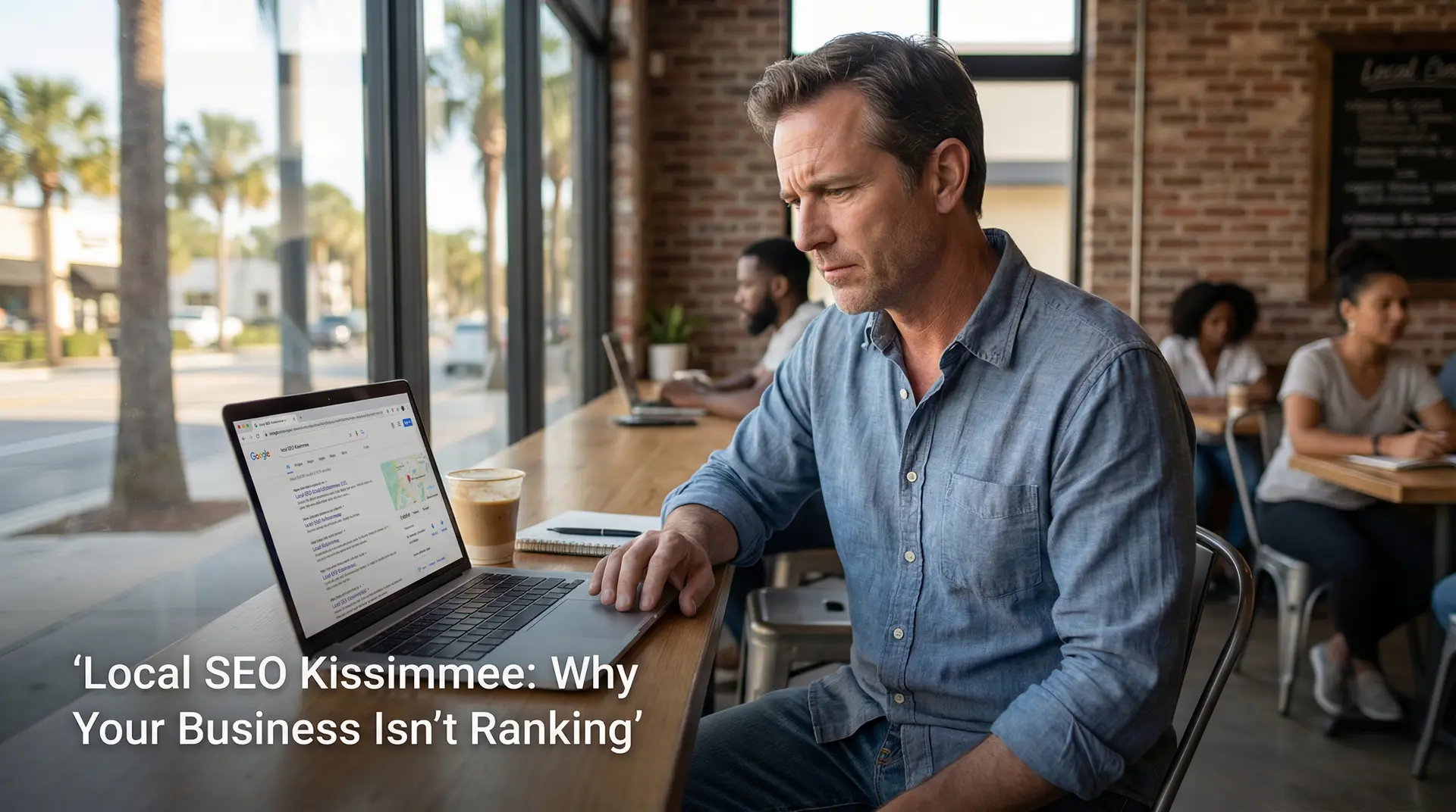 Male business owner analyzing Google search rankings on laptop while learning about Local SEO Kissimmee strategies