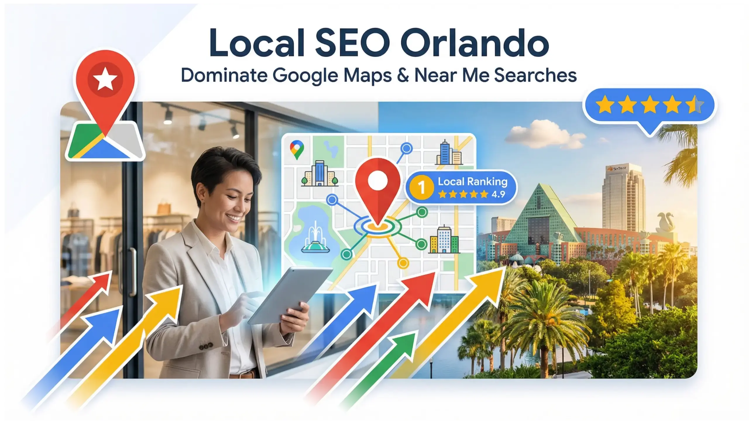 Orlando business owner viewing Google Maps ranking on tablet with Local SEO Orlando headline and Google-colored infographic elements.