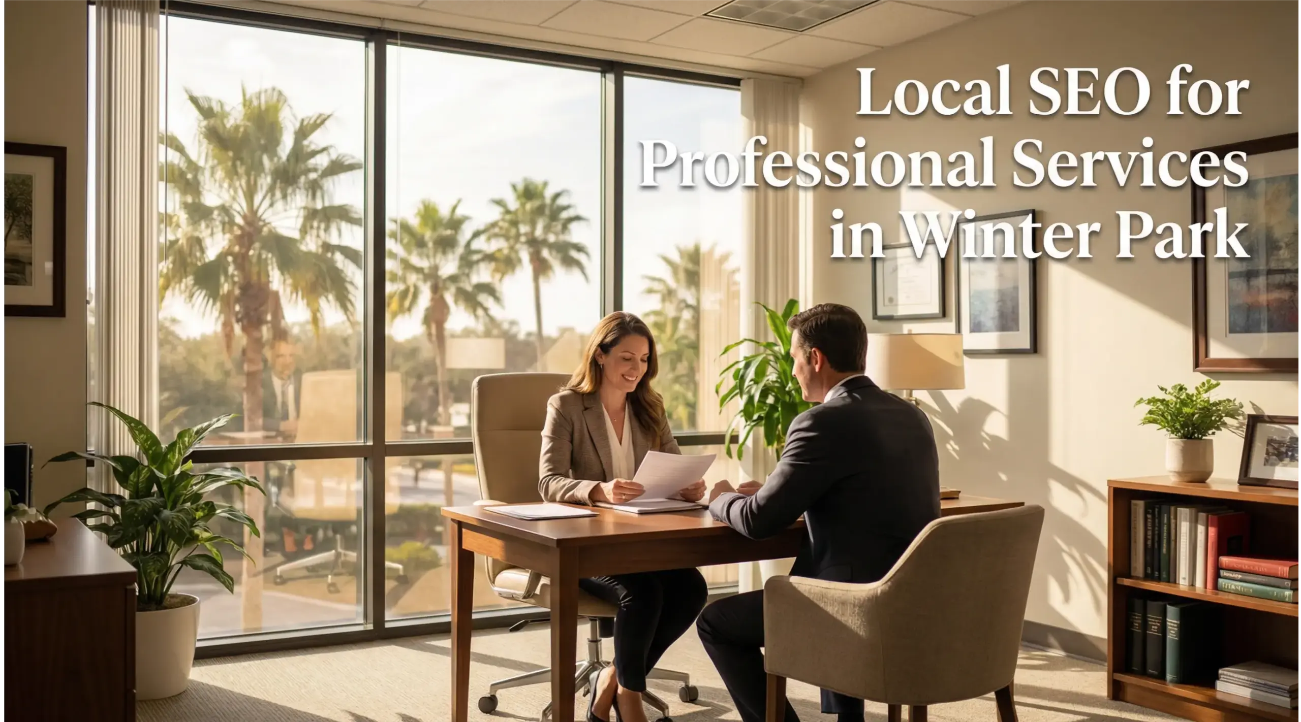 Professional consultant meeting client in modern Winter Park office discussing local SEO strategy