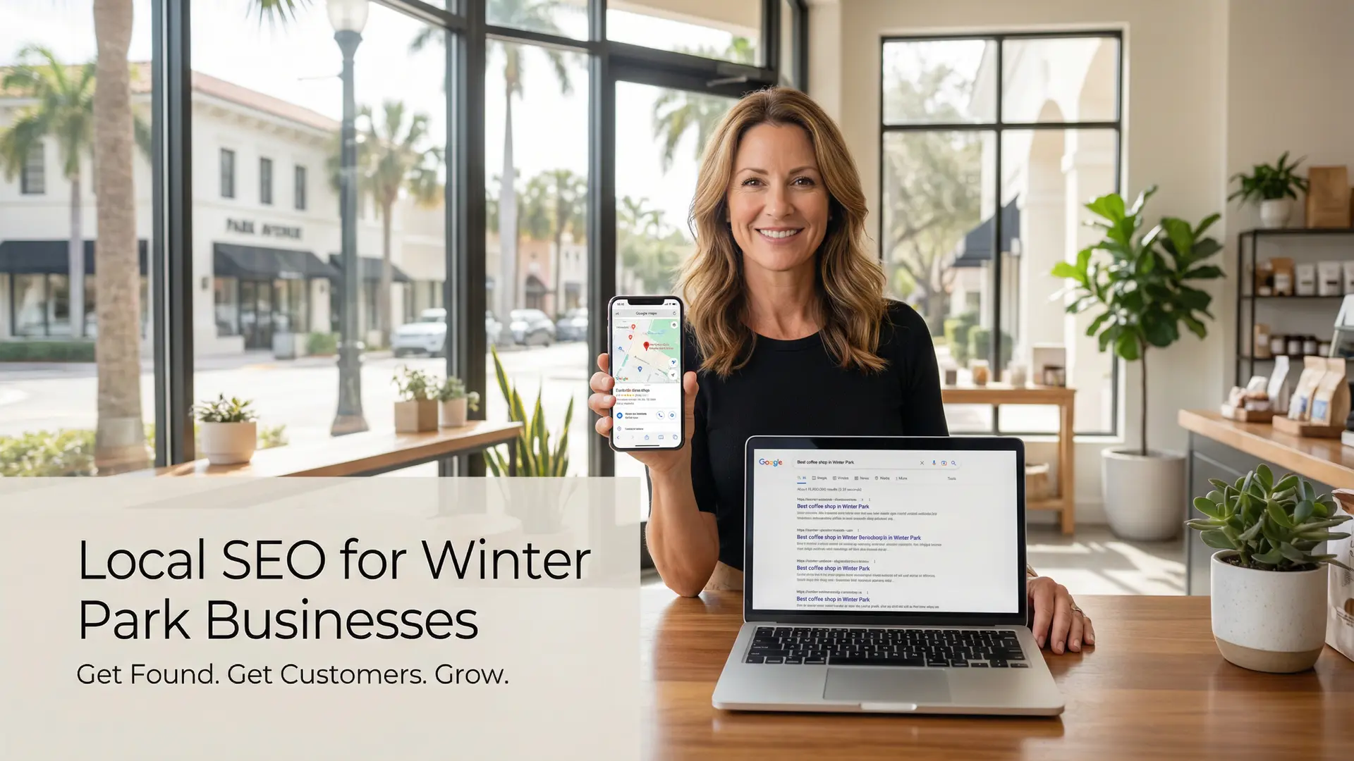 Winter Park small business owner using laptop and phone with Google Maps visible inside a modern storefront