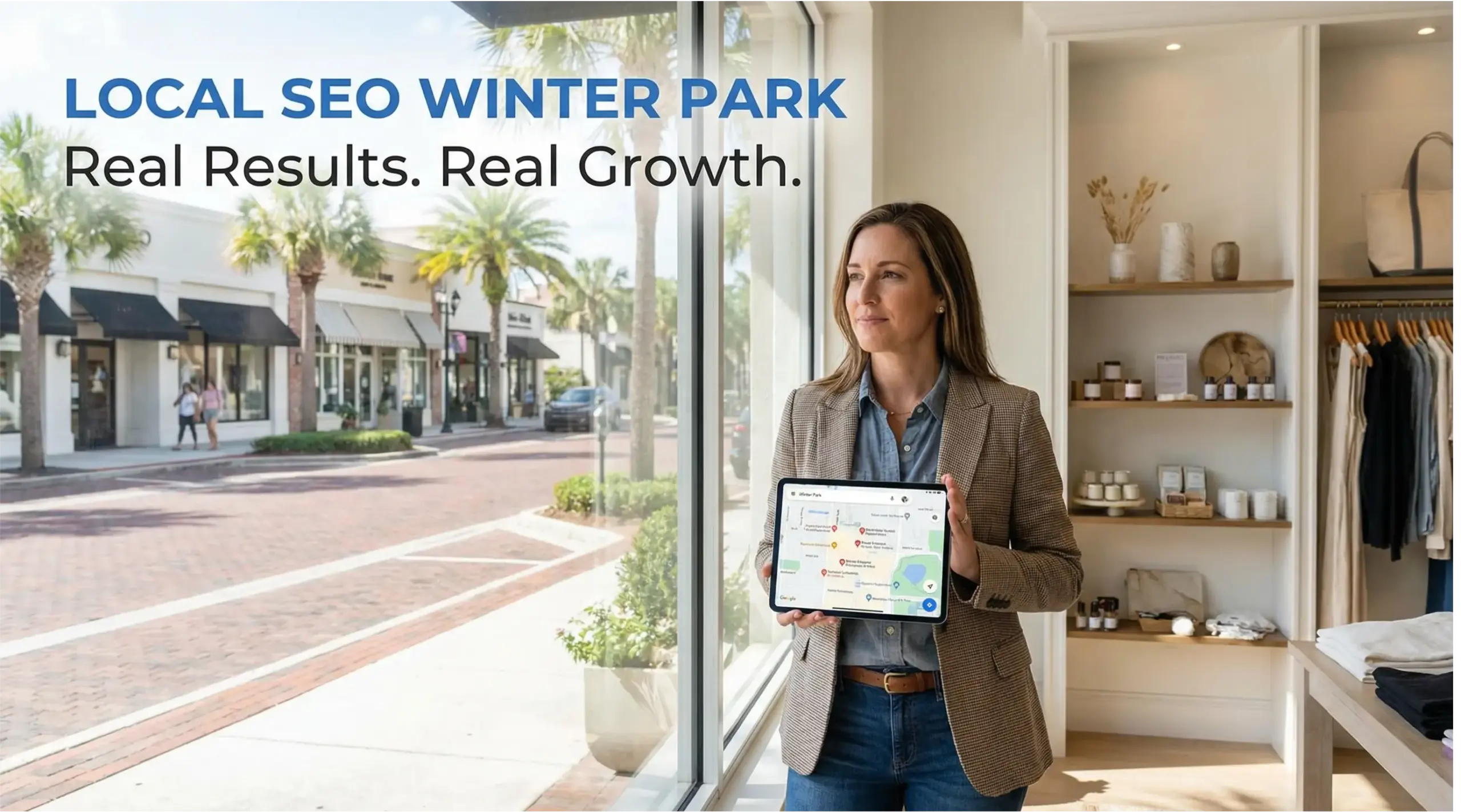 Winter Park boutique owner reviewing Google Maps local SEO results inside a bright Park Avenue store