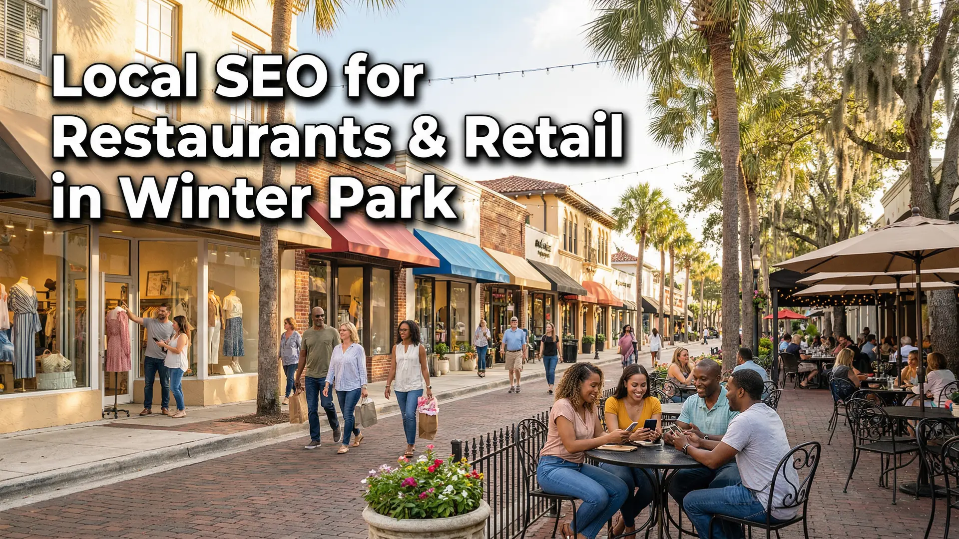 Winter Park Florida lifestyle scene with outdoor dining, boutique shopping, and customers using smartphones, representing local SEO for restaurants and retail.