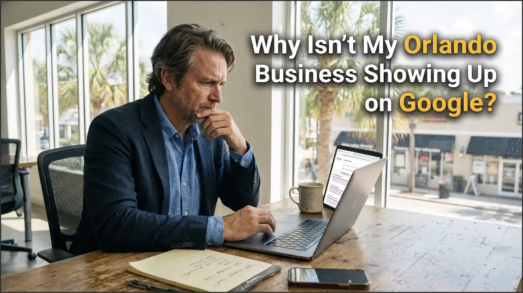 Frustrated Orlando small business owner looking at laptop showing Google search results with text overlay “Why Isn’t My Orlando Business Showing Up on Google؟