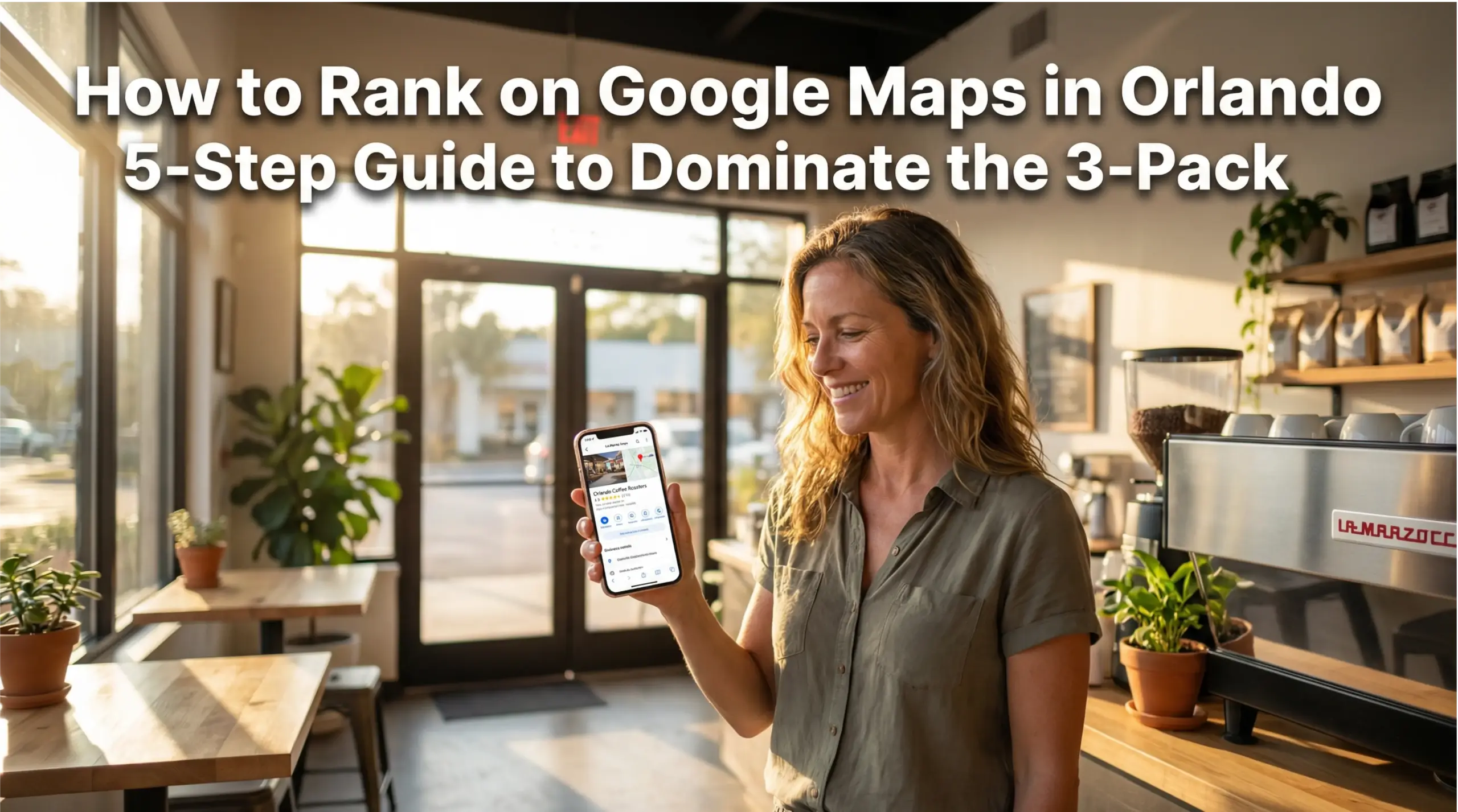 Orlando small business owner checking Google Maps 5-star listing inside storefront with text overlay about ranking in Google 3-Pack