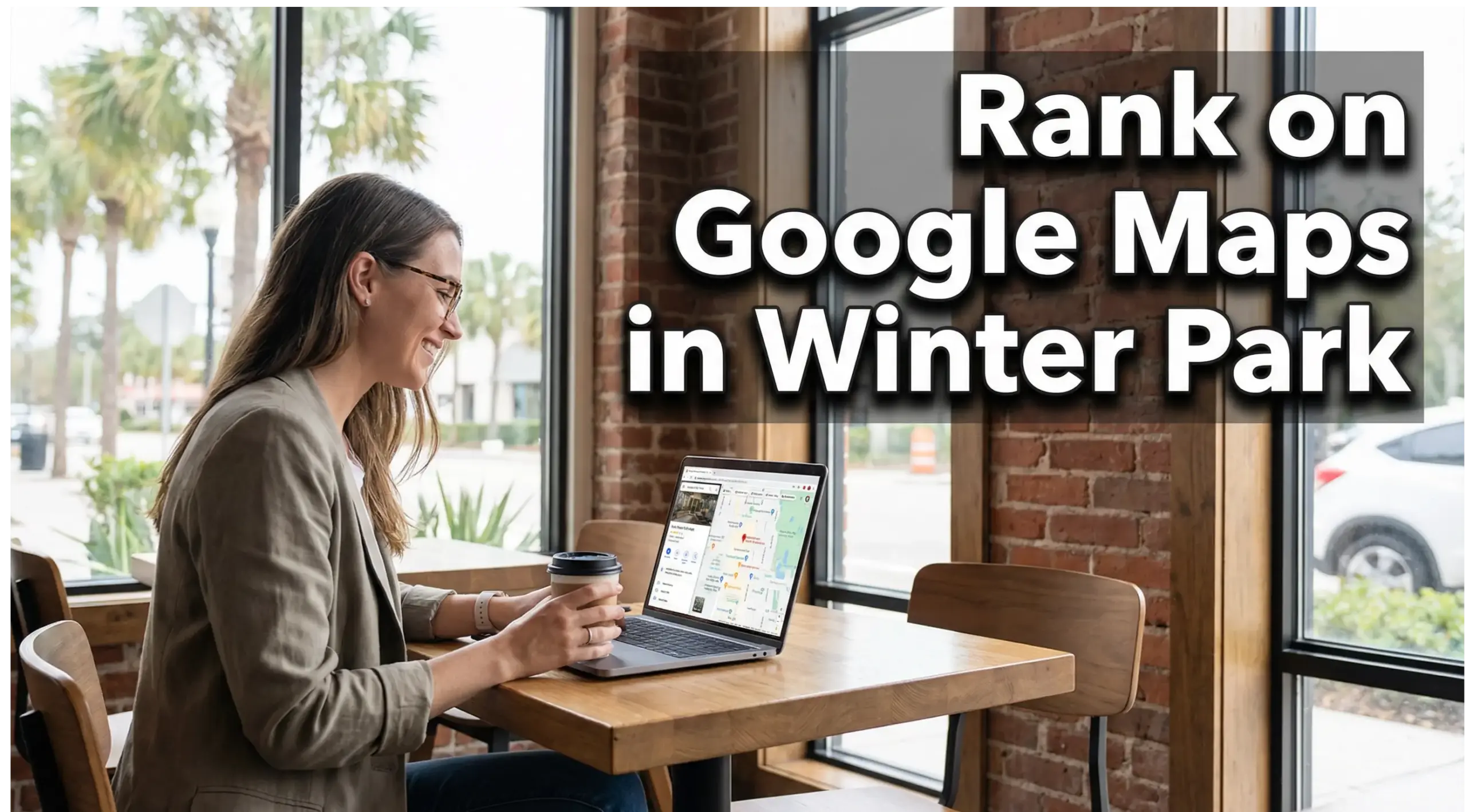 Winter Park business owner using laptop with Google Maps listing open while working inside a modern local café