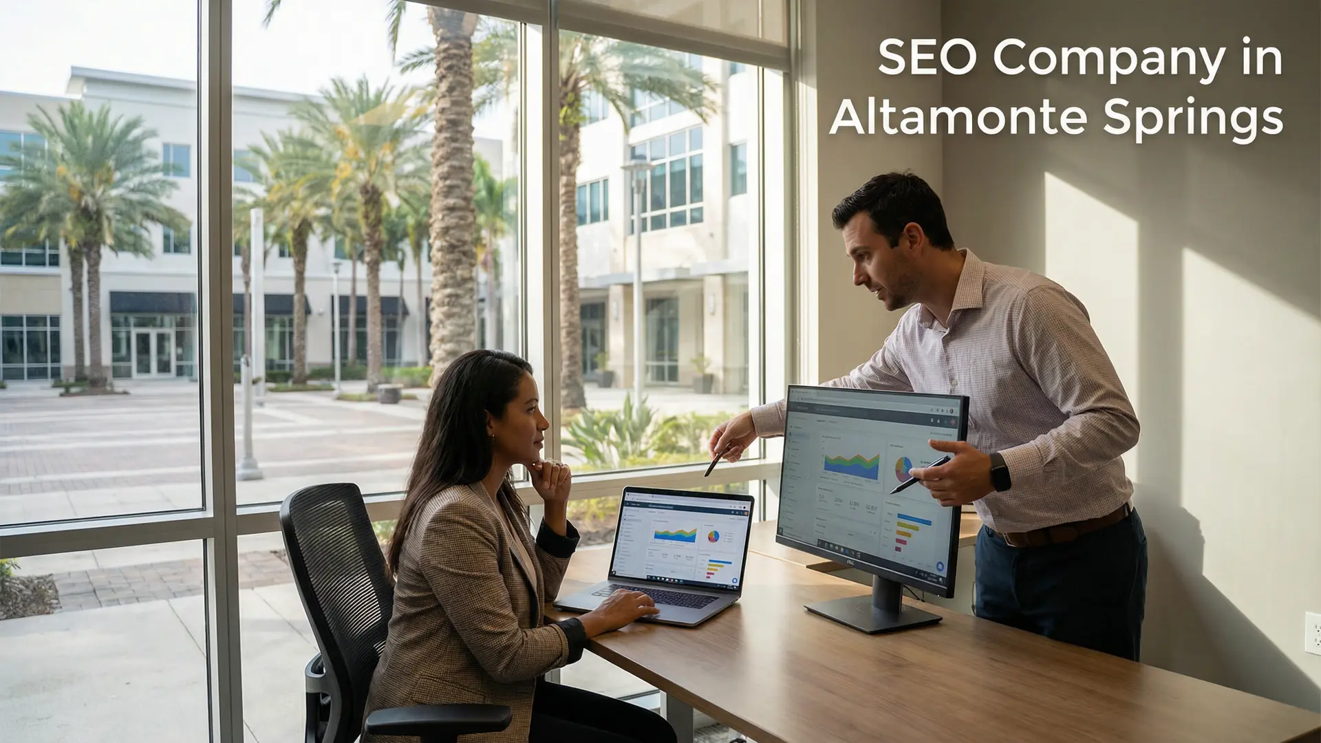 Business owner meeting with SEO company in Altamonte Springs reviewing digital marketing growth strategy in modern Florida office.