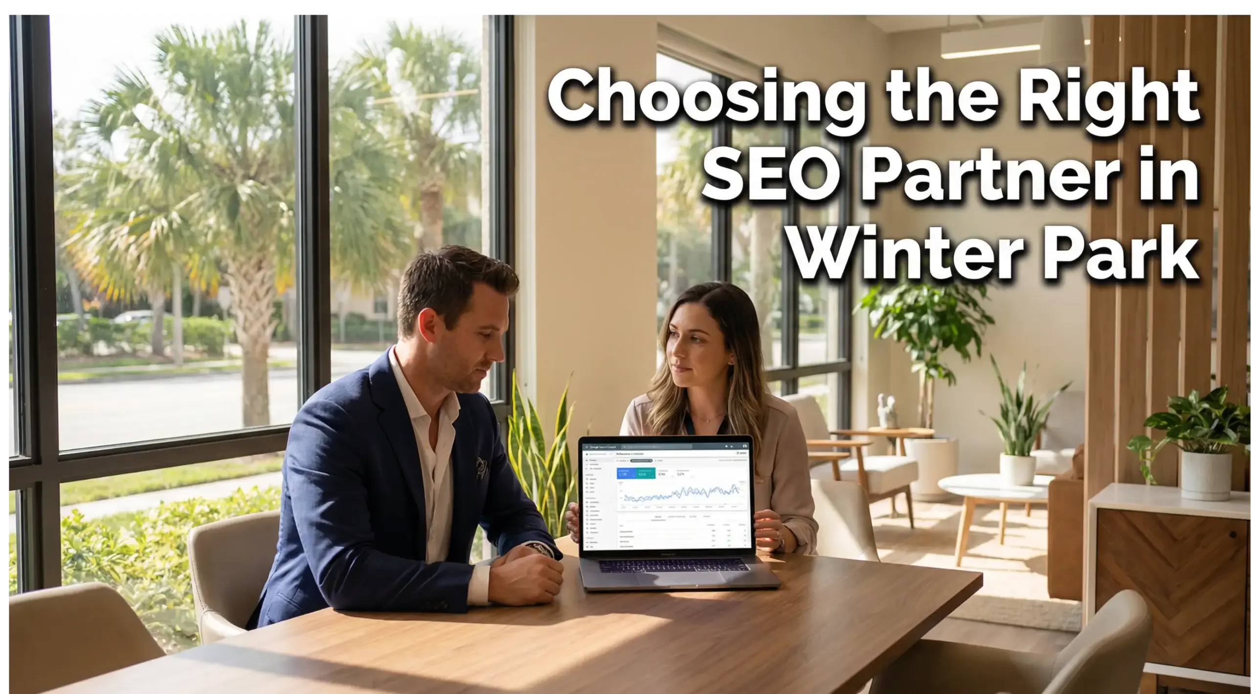 Winter Park business owner meeting with SEO consultant reviewing website analytics on laptop in modern office