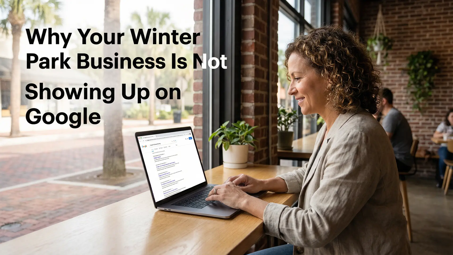 Small business owner in Winter Park checking Google search results on laptop inside café with text about business not showing up on Google.